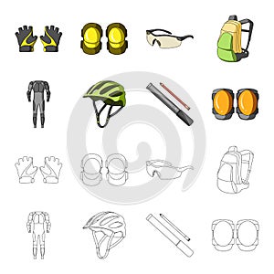 Full-body suit for the rider, helmet, pump with a hose, knee protectors.Cyclist outfit set collection icons in cartoon