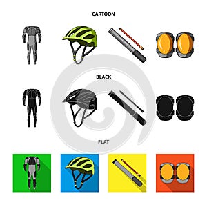 Full-body suit for the rider, helmet, pump with a hose, knee protectors.Cyclist outfit set collection icons in cartoon