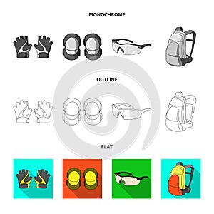 Full-body suit for the rider, helmet, pump with a hose, knee protectors.Cyclist outfit set collection icons in flat