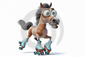 full body surprised horse with roller skates and bulging big eyes isolated on solid white background. ai generative