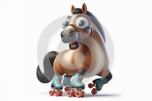 full body surprised horse with roller skates and bulging big eyes isolated on solid white background. ai generative