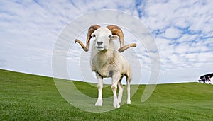 Full body view of a furry large male ram, standing on a green grass field