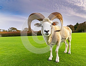 Full body view of a furry large male ram, standing on a green grass field