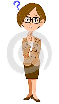 Full body of a woman in a suit with doubts