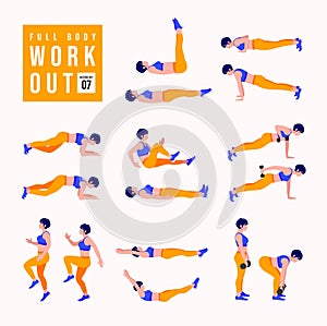Full Body Workout Set. Women doing fitness and yoga exercises. Lunges, Pushups, Squats, Dumbbell rows, Burpees, Side planks, Situp