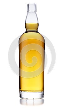 A full bottle of golden whisky, with no label or branding, isolated on white with