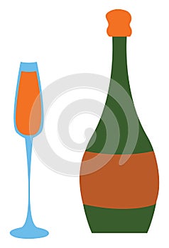 Full champagne glass and green champagne bottle vector illustration