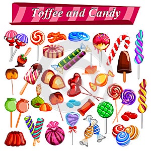 Full collection of different colorful candy and toffee chocolate