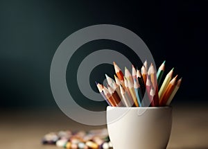 full color pencil in white ceramic cup on the table. AI Generative