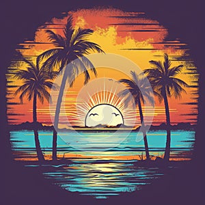 Full-color retro-style vector artwork showcasing a sunset at a California beach with centered palm trees in a retro aesthetic