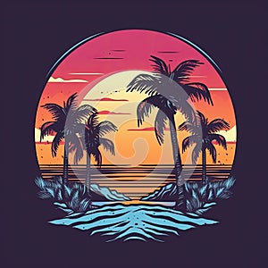 Full-color retro-style vector artwork showcasing a sunset at a California beach with centered palm trees in a retro aesthetic
