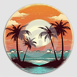 Full-color retro-style vector artwork showcasing a sunset at a California beach with centered palm trees in a retro aesthetic
