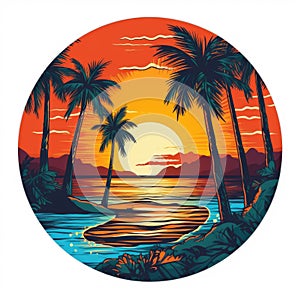 Full-color retro-style vector artwork showcasing a sunset at a California beach with centered palm trees in a retro aesthetic