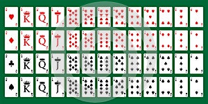 A full deck of poker playing cards on a green background.