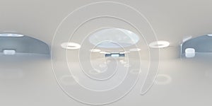 Full 360 degree equirectangular panorama hdri of modern futuristic white building interior 3d render illustration