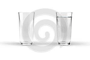 Full and empty glass of water mockup isolated on white background.