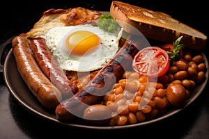 English breakfast, consisting of bacon, fried egg, sausage, mushrooms, baked beans, toast, hash brown and grilled tomatoes