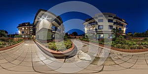 full evening seamless spherical hdri 360 panorama near private apartment building in courtyard or backyard of city bystreet in