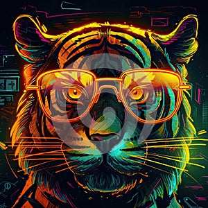 Full Face Shot of Retrowave Tiger Wearing Yellow Glasses in a Comic Style Illustration,