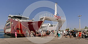full ferryboat on the island Tasos in Greece