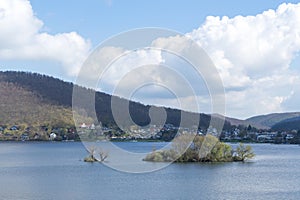 Full filled resorvoir lake Edersee at the german village called Bringhausen.