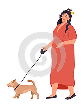 Full flat beautiful young woman in a dress walking a dog on a leash. Vector isolated illustration of a girl with a pet.