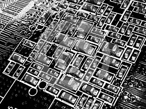 Full focus circuit board with microchips and other electronic components. Computer and networking communication technology