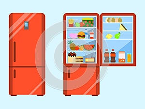 Full of food opened and close refrigerator. Fridge and fruit, freezer and vegetable. Flat design Vector