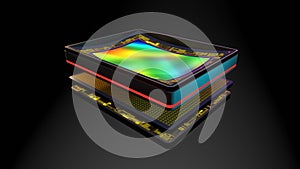 Curved sensor for digital camera, prototype 3D rendering, stacked: matrix, magnetic bender, memory, processor