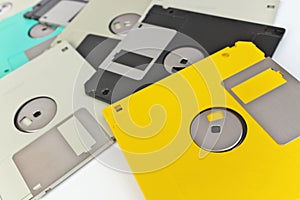 Full Frame Close up of 3.5 Inch Floppy disks for background. Retro digital storage technology.