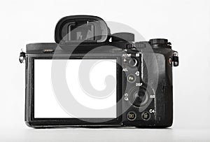 Full Frame mirrorless camera. photo Camera. side, rear view of body. empty mockup white monitor, blank screen. mock up. visor