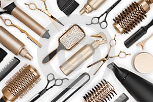 Full frame of professional hair dresser tools on white background