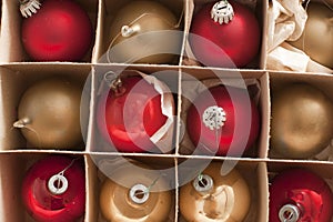 Full frame view of boxed Christmas baubles