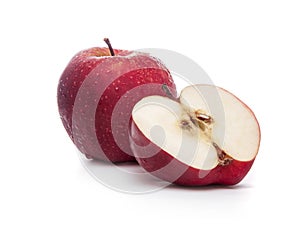 A Full Fresh Apple and A Half Slice with Drops of Water, Isolated on White