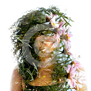 A full-front double exposure floral portrait of a young smiling woman