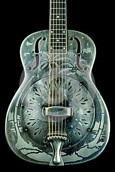 Full Front of: Vintage Resonator Acoustic Guitar Hawaiian Palm Tree Etching Steel Dobro National photo