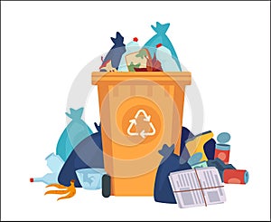 Full garbage bin. Overflowing recycling container with plastic bags and litter. Vector recycle can with pile of plastic photo