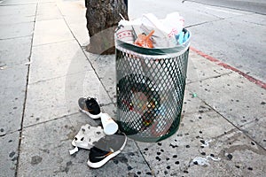 Full garbage can on Sunset Boulevard, Hollywood