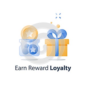 Full glass jar, earn points, loyalty program, collect bonus tokens, reward gift, present box, redeem prize, perks concept