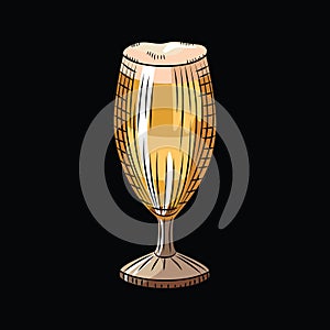 Full glass of light beer with foam isolated on black background. Hand drawn alcohol drink banner