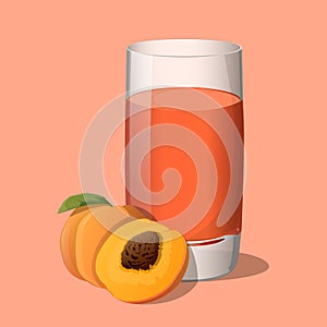 Full glass of peach juice isolated on light background.