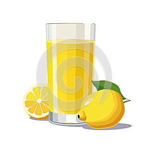 Full glass of yellow freshly squeezed lemon juice. Isolated vector summer drink for flat design