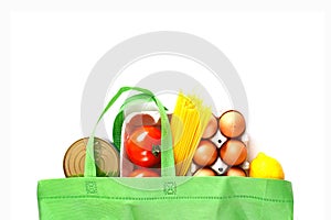 Full green bag of healthy products food on a white background. Top view. online shop. your text. food delivery