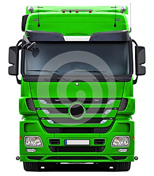 Full green truck Mercedes Actros front view.