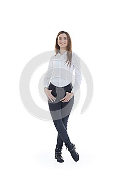 in full growth. attractive girl in jeans and a white blouse .