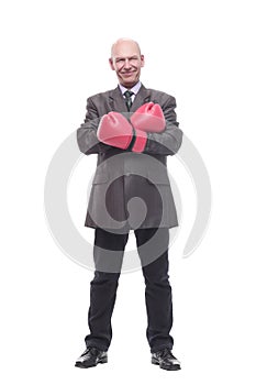 in full growth. business man in Boxing gloves.