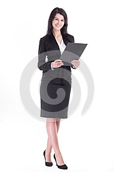 In full growth. Executive business woman with clipboard.
