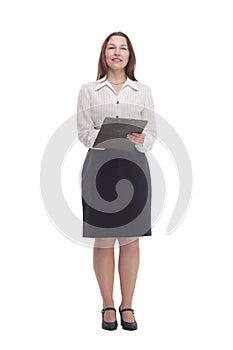 in full growth. Executive business woman with clipboard.