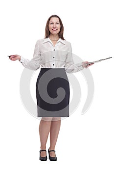 in full growth. Executive business woman with clipboard.