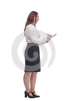 in full growth. Executive business woman with clipboard.
